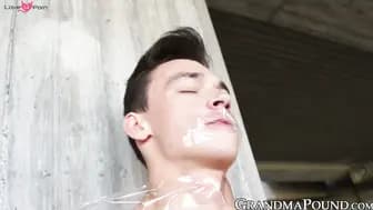 Mature babe facialized after giving sensual outdoor blowjob